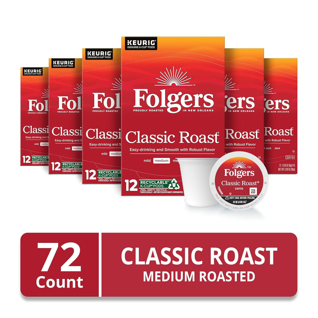 Folgers K-Cup pods, Classic Roast coffee, medium roast K-Cups, Keurig compatible coffee, 72 count coffee pods, single-serve Folgers coffee, Mountain Grown coffee, rich flavor coffee, office coffee pods, morning coffee staples