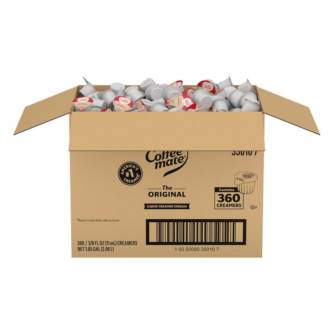 Coffee mate creamer singles, non-dairy coffee creamer, shelf stable creamer pods, lactose free coffee creamer, liquid creamer tubs 360 count, office coffee supplies, Nestle Coffee mate Original, no refrigeration coffee creamer, gluten free creamer, Kosher dairy creamer.