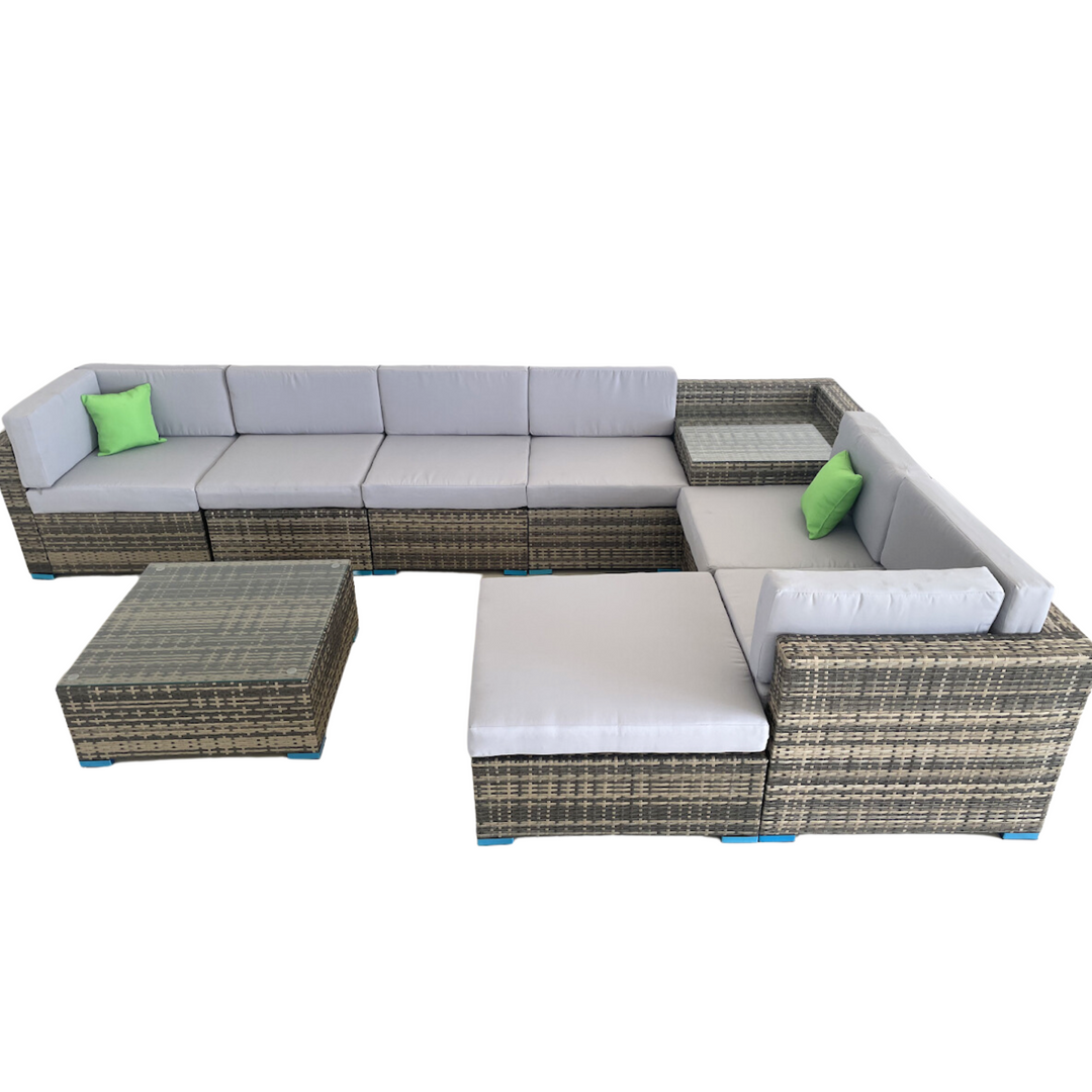 ROKA OUTLET Luxury Rattan Bistro Sofa Rattan Garden Furniture Set Outdoor/indoor Patio Furniture With Ottoman And Square Coffee Table, Modern Rattan Wicker Sectional Sofa Couch With Seat Cushions