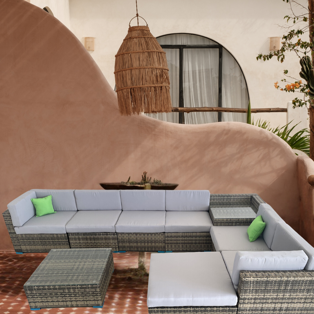 ROKA OUTLET Luxury Rattan Bistro Sofa Rattan Garden Furniture Set Outdoor/indoor Patio Furniture With Ottoman And Square Coffee Table, Modern Rattan Wicker Sectional Sofa Couch With Seat Cushions