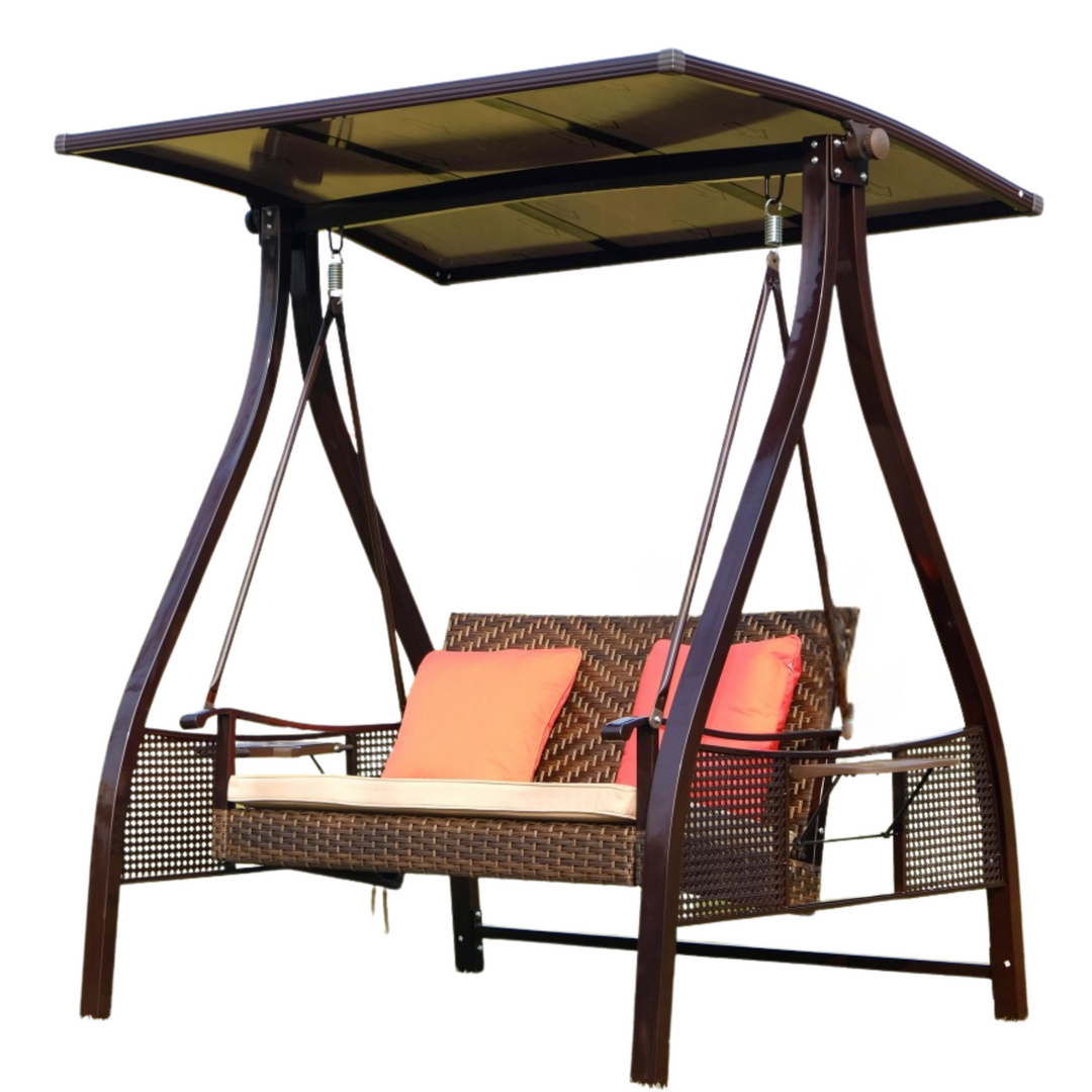 Roka Outlet Home Decoration 2-Seater Rattan Swing Chair with Canopy - Extra Large Seat, Cushion, Weather Resistant Steel Frame for Patio, Yard, Backyard