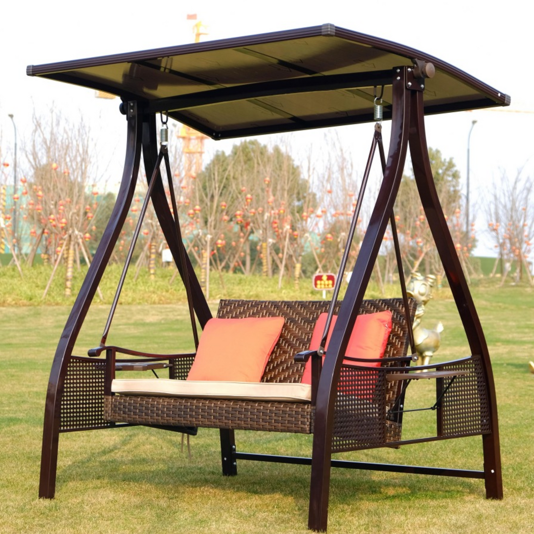 Roka Outlet Home Decoration 2-Seater Rattan Swing Chair with Canopy - Extra Large Seat, Cushion, Weather Resistant Steel Frame for Patio, Yard, Backyard