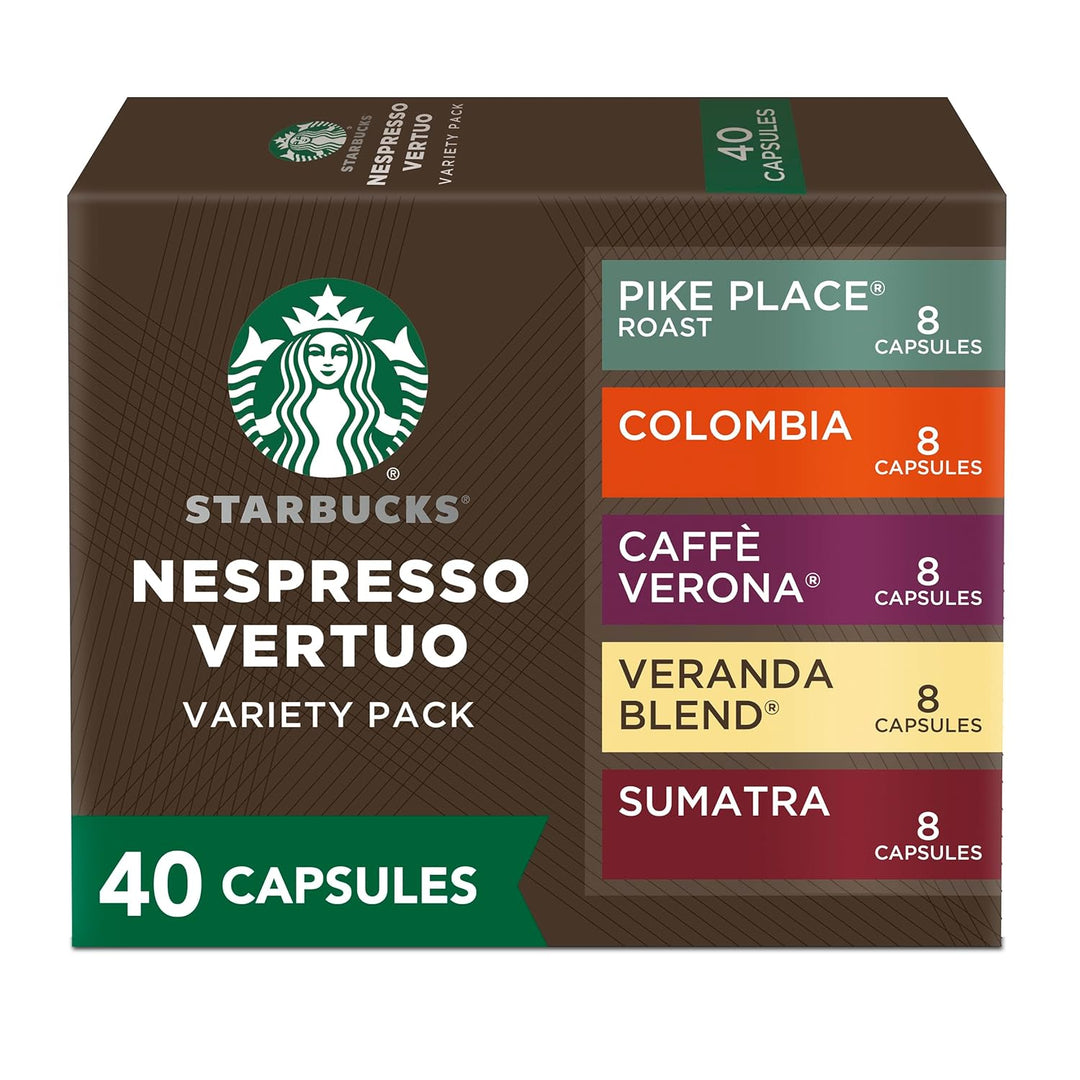 Starbucks Nespresso Vertuo variety pack, 40-count coffee pods, blonde roast Vertuo pods, dark roast coffee capsules, medium roast Starbucks pods, Veranda Pike Place Sumatra Verona Colombia, Arabica coffee for Nespresso, recyclable aluminum pods, VertuoLine compatible coffee.