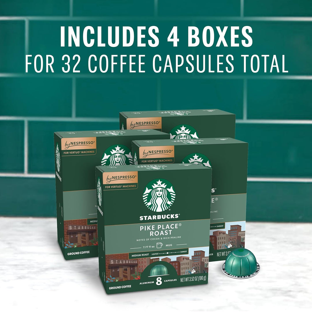Starbucks Nespresso Vertuo pods, Pike Place roast coffee pods, medium roast Vertuo pods, Starbucks coffee at home, Nespresso VertuoLine compatible, recyclable aluminum coffee capsules, 32-count coffee pods, Arabica medium roast pods, Starbucks Pike Place pods.