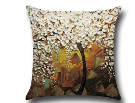 3D Oil Painting Trees Flowers Cotton Cushion Cushion Pillowcase Car Waist Cushion Pillow Cover