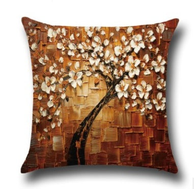 3D Oil Painting Trees Flowers Cotton Cushion Cushion Pillowcase Car Waist Cushion Pillow Cover