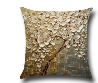 3D Oil Painting Trees Flowers Cotton Cushion Cushion Pillowcase Car Waist Cushion Pillow Cover