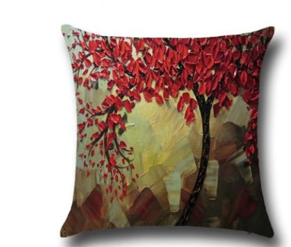 3D Oil Painting Trees Flowers Cotton Cushion Cushion Pillowcase Car Waist Cushion Pillow Cover