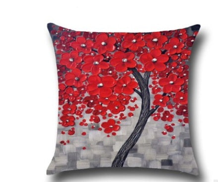 3D Oil Painting Trees Flowers Cotton Cushion Cushion Pillowcase Car Waist Cushion Pillow Cover