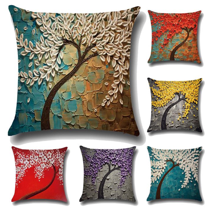 3D Oil Painting Trees Flowers Cotton Cushion Cushion Pillowcase Car Waist Cushion Pillow Cover