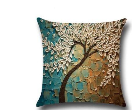 3D Oil Painting Trees Flowers Cotton Cushion Cushion Pillowcase Car Waist Cushion Pillow Cover