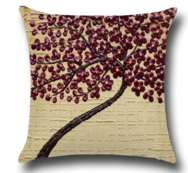 3D Oil Painting Trees Flowers Cotton Cushion Cushion Pillowcase Car Waist Cushion Pillow Cover