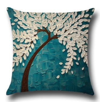 3D Oil Painting Trees Flowers Cotton Cushion Cushion Pillowcase Car Waist Cushion Pillow Cover