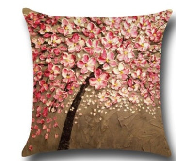 3D Oil Painting Trees Flowers Cotton Cushion Cushion Pillowcase Car Waist Cushion Pillow Cover