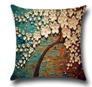 3D Oil Painting Trees Flowers Cotton Cushion Cushion Pillowcase Car Waist Cushion Pillow Cover