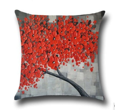 3D Oil Painting Trees Flowers Cotton Cushion Cushion Pillowcase Car Waist Cushion Pillow Cover