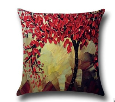 3D Oil Painting Trees Flowers Cotton Cushion Cushion Pillowcase Car Waist Cushion Pillow Cover