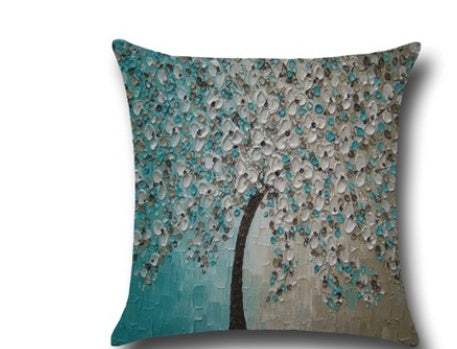 3D Oil Painting Trees Flowers Cotton Cushion Cushion Pillowcase Car Waist Cushion Pillow Cover