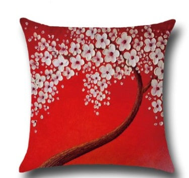 3D Oil Painting Trees Flowers Cotton Cushion Cushion Pillowcase Car Waist Cushion Pillow Cover