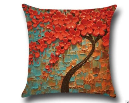 3D Oil Painting Trees Flowers Cotton Cushion Cushion Pillowcase Car Waist Cushion Pillow Cover