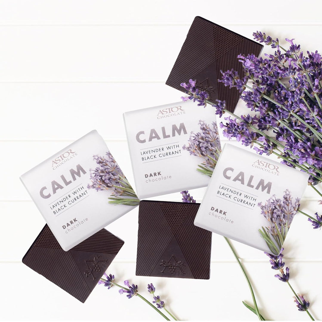 Astor Chocolate Calm Dark Chocolate Lavender Black Currant Squares Gift Set | Chocolate Lovers Mini Bar Box l 18pc Individually Wrapped Calming Belgian Chocolate Basket | 0.33oz Each Minibar Gourmet Snack | Kosher Food Candy Holiday Bars