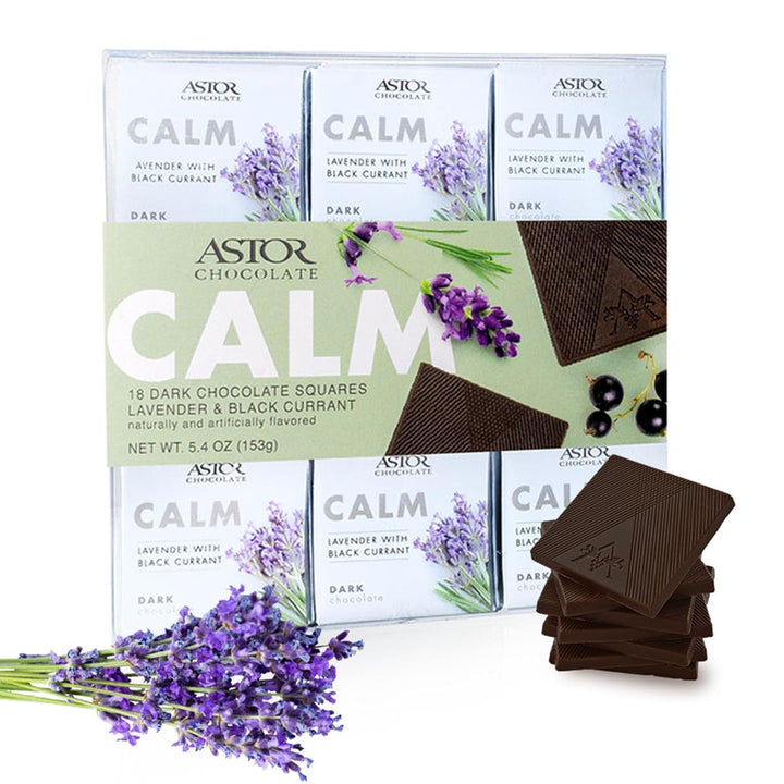 Astor Chocolate Calm Dark Chocolate Lavender Black Currant Squares Gift Set | Chocolate Lovers Mini Bar Box l 18pc Individually Wrapped Calming Belgian Chocolate Basket | 0.33oz Each Minibar Gourmet Snack | Kosher Food Candy Holiday Bars