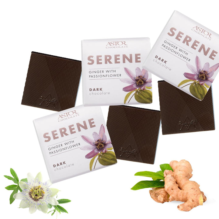 Astor Chocolate Serene Dark Chocolate Ginger with Passion Flower Squares Gift, Chocolate Lover Mini Bar Box, 18pc Individually Wrapped Chocolate Basket, 0.33oz Each Minibar Gourmet, Candy Holiday Bars