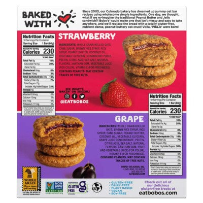 Bobo's PB&J Oat Sandwich Bars Variety Pack, 2.1 oz, 20 Count
Features:
Non GMO
Earth Kosher Certified
Gluten free
Vegan
Soy free