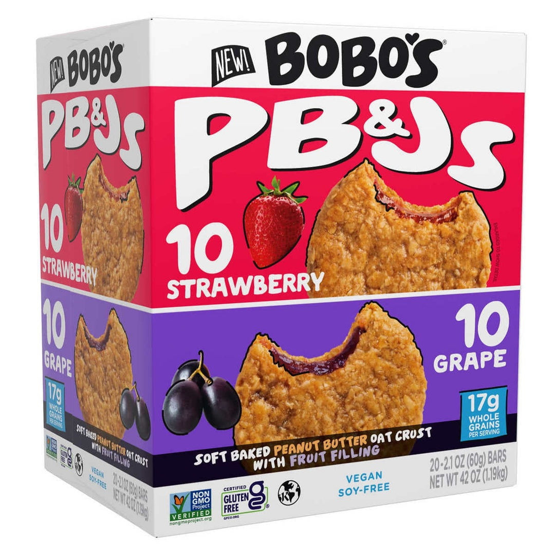Bobo's PB&Js Oat Sandwich Bar, Variety Pack, 2.1 oz, 20-count
Features:
Non GMO
Earth Kosher Certified
Gluten free
Vegan
Soy free