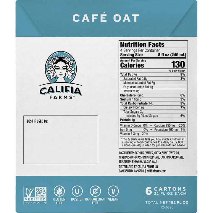Califia Farms Cafe Oat Barista Choice Oatmilk, Dairy Free, 32 fl oz, 6 ct