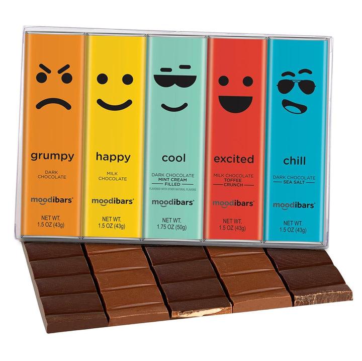 Chocolate MoodiBars 5 Variety Gift Box | Assorted Milk & Dark Chocolate Bars, Sea Salt, Milk Toffee, Mint Cream Gourmet Bar Snack Set | Emoji Mood Faces Gifts | Belgian Chocolate Celebration Box Sampler | Individually Wrapped Candy Basket