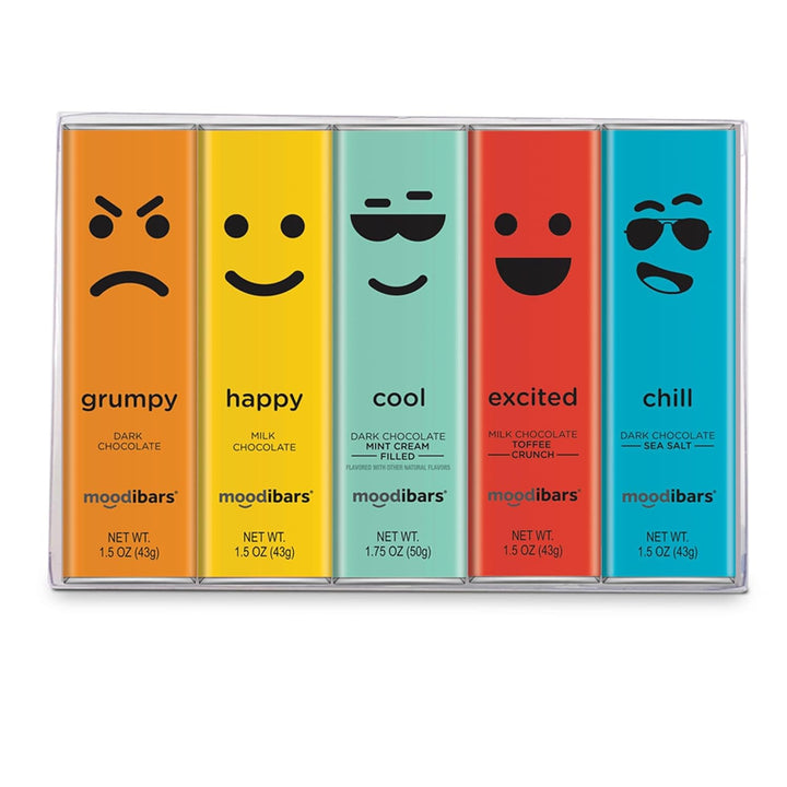 Chocolate MoodiBars 5 Variety Gift Box | Assorted Milk & Dark Chocolate Bars, Sea Salt, Milk Toffee, Mint Cream Gourmet Bar Snack Set | Emoji Mood Faces Gifts | Belgian Chocolate Celebration Box Sampler | Individually Wrapped Candy Basket