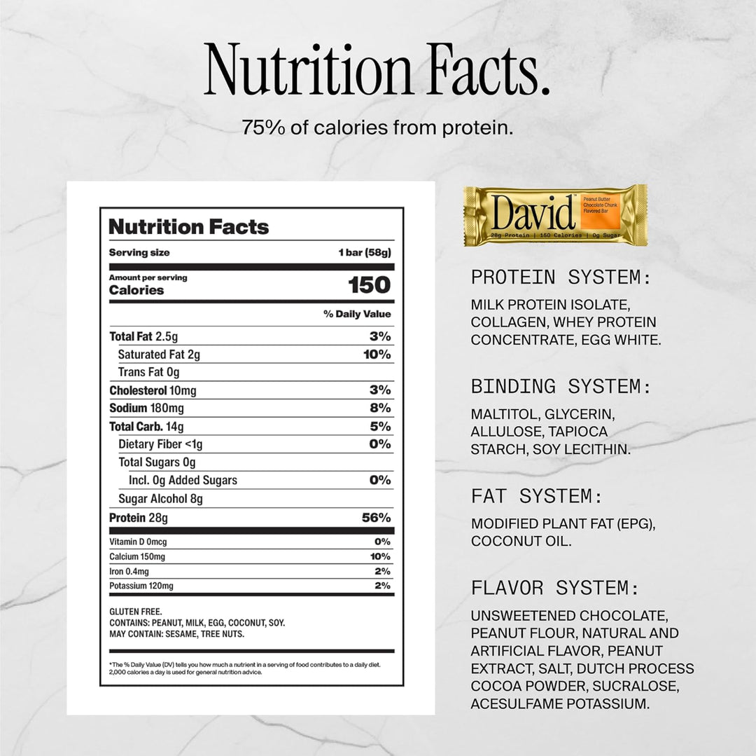 David High Protein Bars, Sugar Free, 28g Protein, 12 Ct, PB Choco Chunk