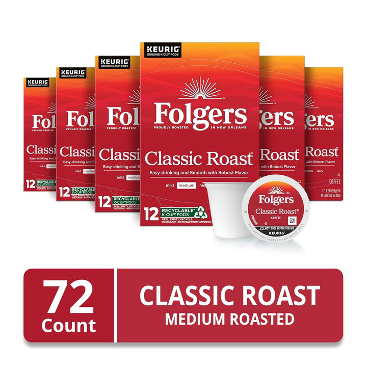 Folgers K-Cup pods, Classic Roast coffee, medium roast K-Cups, Keurig compatible coffee, 72 count coffee pods, single-serve Folgers coffee, Mountain Grown coffee, rich flavor coffee, office coffee pods, morning coffee staples