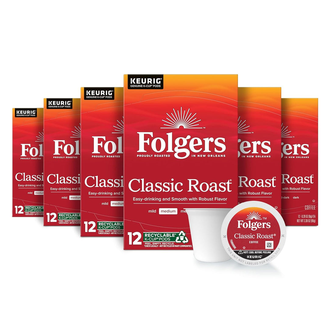 Folgers K-Cup pods, Classic Roast coffee, medium roast K-Cups, Keurig compatible coffee, 72 count coffee pods, single-serve Folgers coffee, Mountain Grown coffee, rich flavor coffee, office coffee pods, morning coffee staples