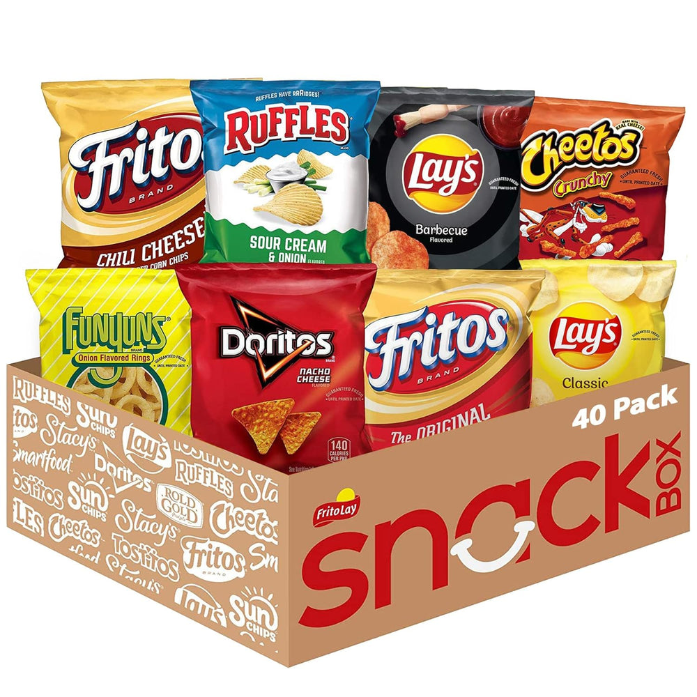 Enjoy 40 single-serve snacks with the Frito-Lay Party Mix Variety Pack, featuring Lay’s Classic &amp; BBQ Chips, Cheetos Crunchy, Doritos Nacho Cheese, Funyuns, Fried Chili Cheese, and Ruffles Cheddar &amp; Sour Cream. Perfect for school lunches, office breaks, parties, or on-the-go snacking. Convenient, portion-controlled, and ideal for bulk snack lovers, kids, and party treats.