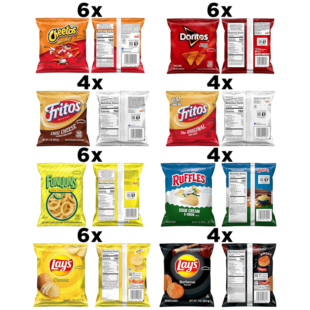 Enjoy 40 single-serve snacks with the Frito-Lay Party Mix Variety Pack, featuring Lay’s Classic &amp; BBQ Chips, Cheetos Crunchy, Doritos Nacho Cheese, Funyuns, Fried Chili Cheese, and Ruffles Cheddar &amp; Sour Cream. Perfect for school lunches, office breaks, parties, or on-the-go snacking. Convenient, portion-controlled, and ideal for bulk snack lovers, kids, and party treats.