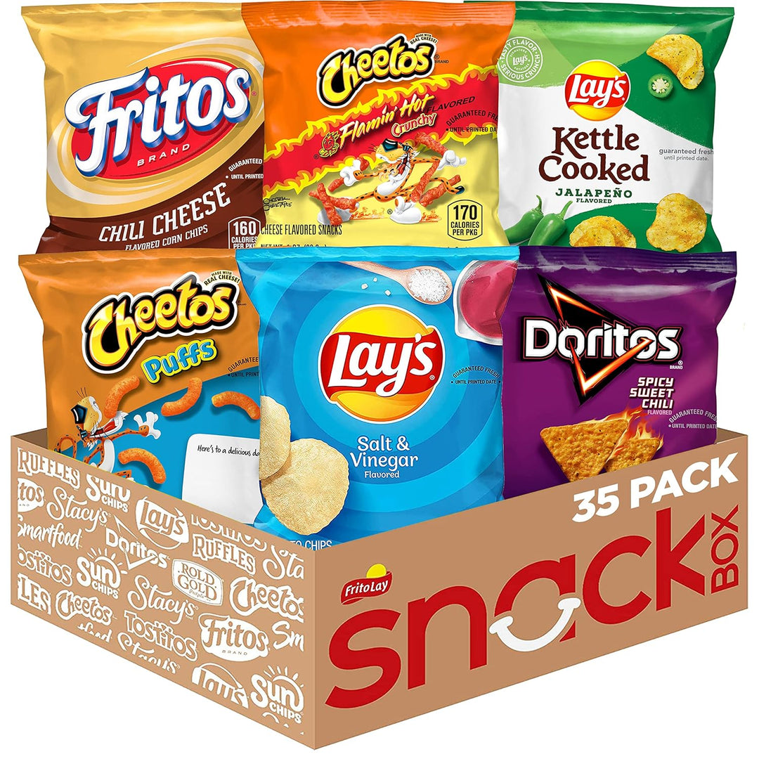 Spice up snack time with the Frito Lay Bold Mix Variety Pack. This 35-count pack includes Cheetos Flamin’ Hot, Lay’s Jalapeno Kettle Chips, Doritos Spicy Sweet Chili, Lay’s Salt &amp; Vinegar, Cheetos Puffs, and Fritos Chili Cheese. Perfect for school lunches, after-school snacks, office breaks, or parties