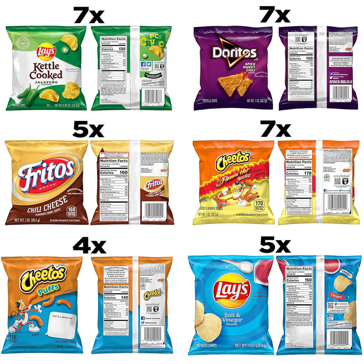 Spice up snack time with the Frito Lay Bold Mix Variety Pack. This 35-count pack includes Cheetos Flamin’ Hot, Lay’s Jalapeno Kettle Chips, Doritos Spicy Sweet Chili, Lay’s Salt &amp; Vinegar, Cheetos Puffs, and Fritos Chili Cheese. Perfect for school lunches, after-school snacks, office breaks, or parties