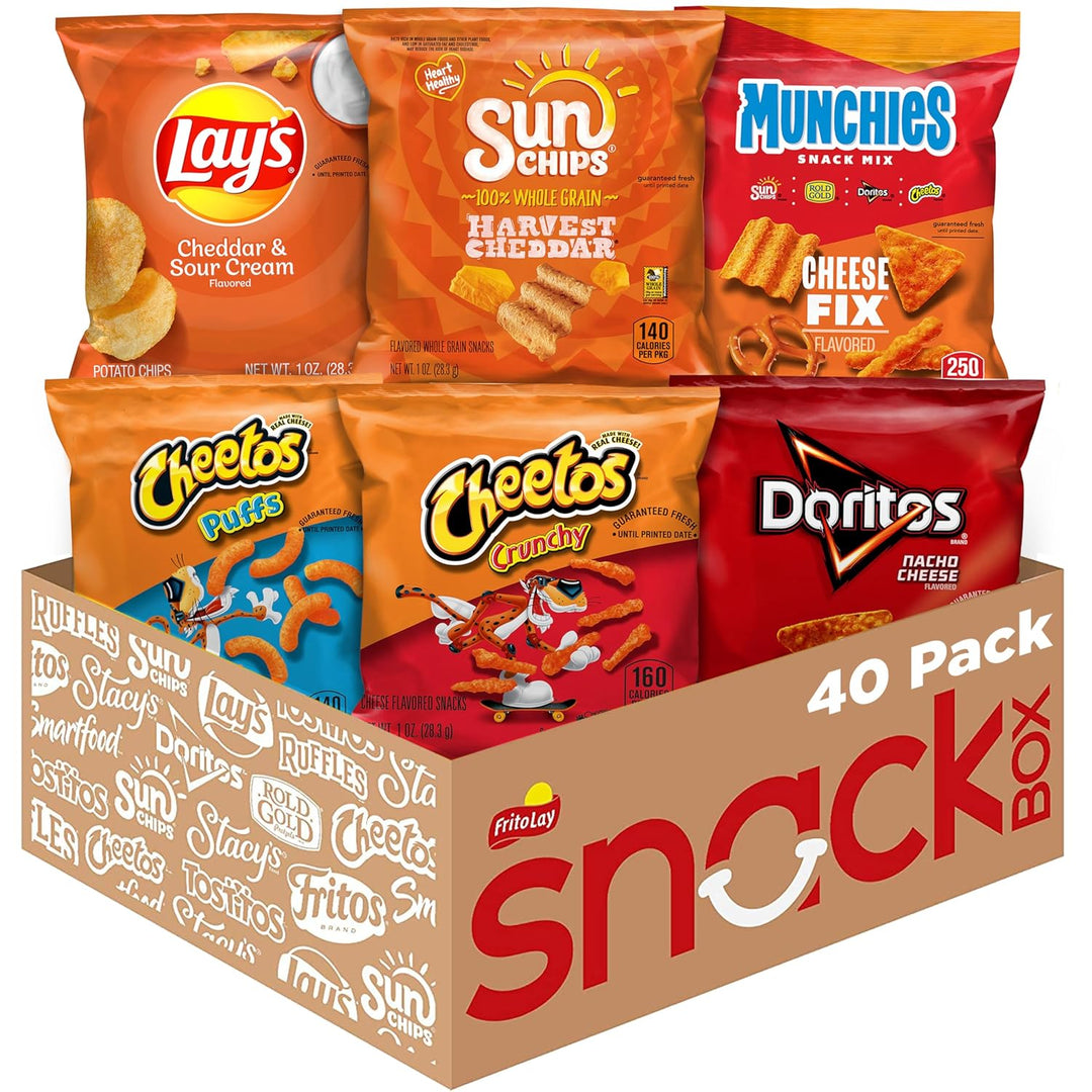 Satisfy cheesy cravings with the Frito Lay Cheesy Mix 6 Flavor Variety Pack, featuring 40 single-serve bags of Doritos Nacho Cheese, Cheetos Crunchy &amp; Puffs, Lay’s Cheddar &amp; Sour Cream, SunChips Harvest Cheddar, and Munchies Snack Mix. Perfect for school lunches, after-school snacks, sports practice, or on-the-go snacking, this variety pack offers bold, cheesy flavors in convenient, portion-controlled servings. Ideal for parties, work snacks, and snack gifts.