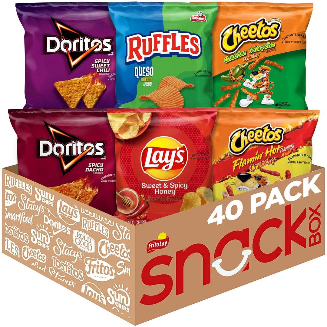 Savor bold flavors with the Frito Lay Cheesy Spicy Sweet Variety Pack. This 40-count pack features Cheetos Flamin’ Hot &amp; Jalapeño Cheddar, Doritos Spicy Nacho &amp; Sweet Chili, Lay’s Sweet &amp; Spicy Honey, and Ruffles Queso.