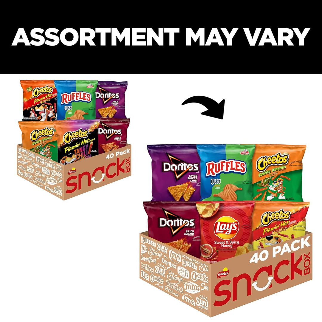 Savor bold flavors with the Frito Lay Cheesy Spicy Sweet Variety Pack. This 40-count pack features Cheetos Flamin’ Hot &amp; Jalapeño Cheddar, Doritos Spicy Nacho &amp; Sweet Chili, Lay’s Sweet &amp; Spicy Honey, and Ruffles Queso.