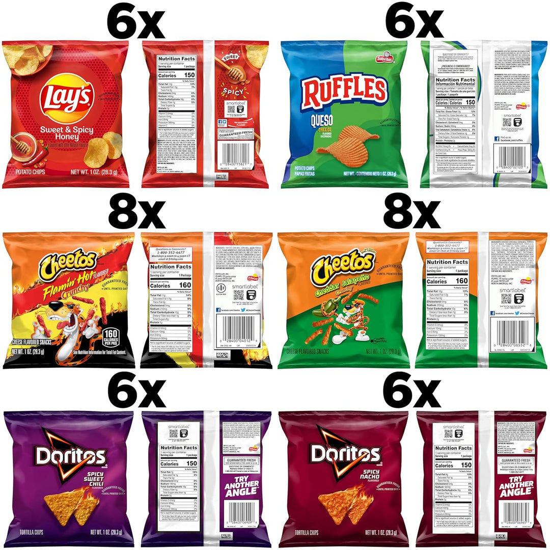 Savor bold flavors with the Frito Lay Cheesy Spicy Sweet Variety Pack. This 40-count pack features Cheetos Flamin’ Hot &amp; Jalapeño Cheddar, Doritos Spicy Nacho &amp; Sweet Chili, Lay’s Sweet &amp; Spicy Honey, and Ruffles Queso.