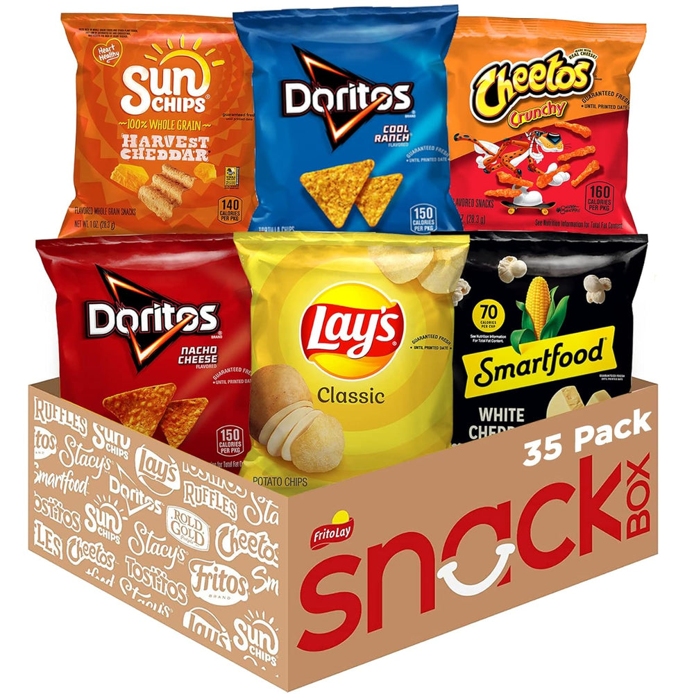 Enjoy 36 single-serve snacks with the Frito Lay Classic Mix Variety Pack, featuring Smartfood White Cheddar Popcorn, Cheetos Crunchy, SunChips Harvest Cheddar, Lay’s Classic, Doritos Nacho Cheese, and Doritos Cool Ranch. Perfect for school lunches, after-school snacks, office breaks, or parties.