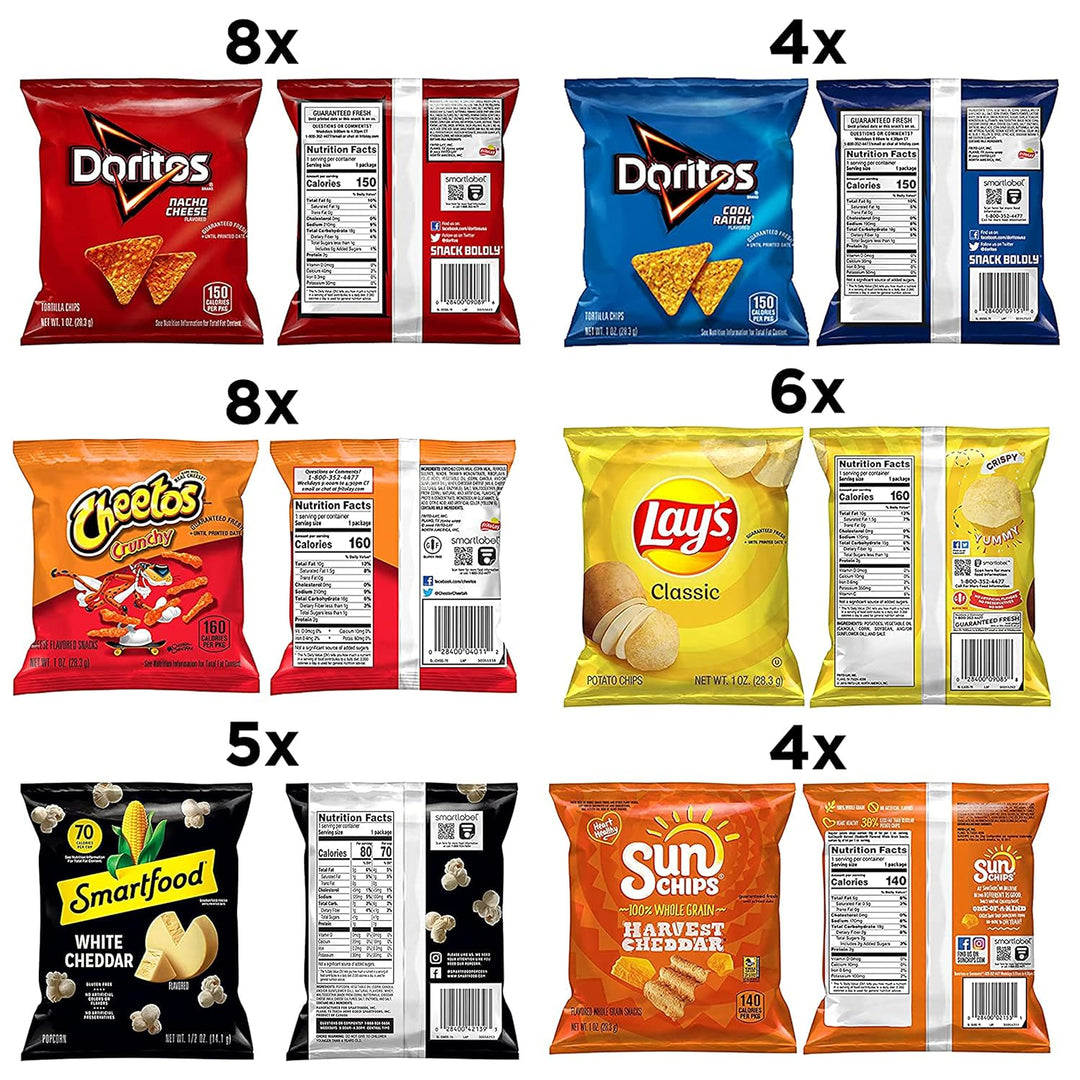 Enjoy 36 single-serve snacks with the Frito Lay Classic Mix Variety Pack, featuring Smartfood White Cheddar Popcorn, Cheetos Crunchy, SunChips Harvest Cheddar, Lay’s Classic, Doritos Nacho Cheese, and Doritos Cool Ranch. Perfect for school lunches, after-school snacks, office breaks, or parties.