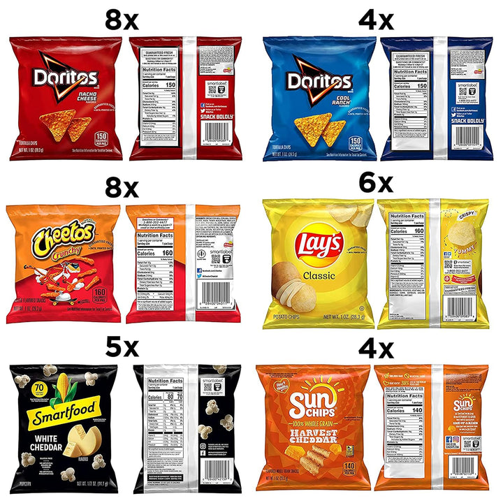 Enjoy 36 single-serve snacks with the Frito Lay Classic Mix Variety Pack, featuring Smartfood White Cheddar Popcorn, Cheetos Crunchy, SunChips Harvest Cheddar, Lay’s Classic, Doritos Nacho Cheese, and Doritos Cool Ranch. Perfect for school lunches, after-school snacks, office breaks, or parties.
