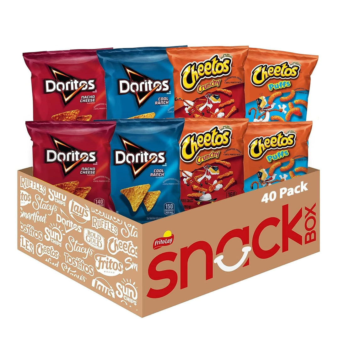 Satisfy snack cravings with the Frito Lay Doritos &amp; Cheetos Variety Pack. This 40-count pack includes 10 each of Cheetos Puffs, Cheetos Crunchy, Doritos Nacho Cheese, and Doritos Cool Ranch. Perfect for school lunches, after-school snacks, office breaks, or parties. Convenient, portion-controlled, and ready-to-go cheesy snacks everyone will love. Ideal for bulk snack lovers, kids’ lunch boxes, and party treats.