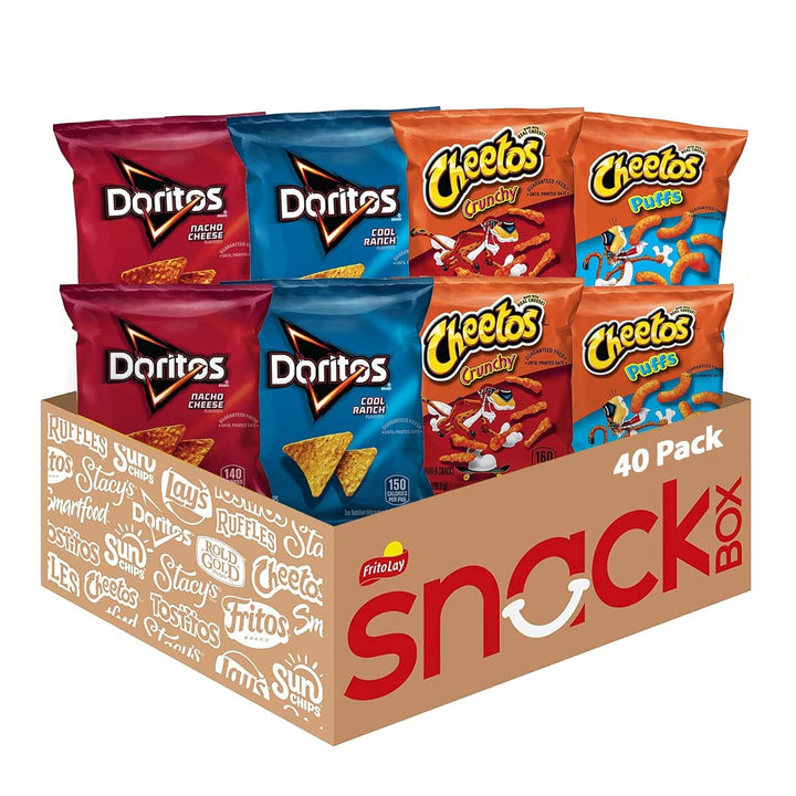 Satisfy snack cravings with the Frito Lay Doritos &amp; Cheetos Variety Pack. This 40-count pack includes 10 each of Cheetos Puffs, Cheetos Crunchy, Doritos Nacho Cheese, and Doritos Cool Ranch. Perfect for school lunches, after-school snacks, office breaks, or parties. Convenient, portion-controlled, and ready-to-go cheesy snacks everyone will love. Ideal for bulk snack lovers, kids’ lunch boxes, and party treats.