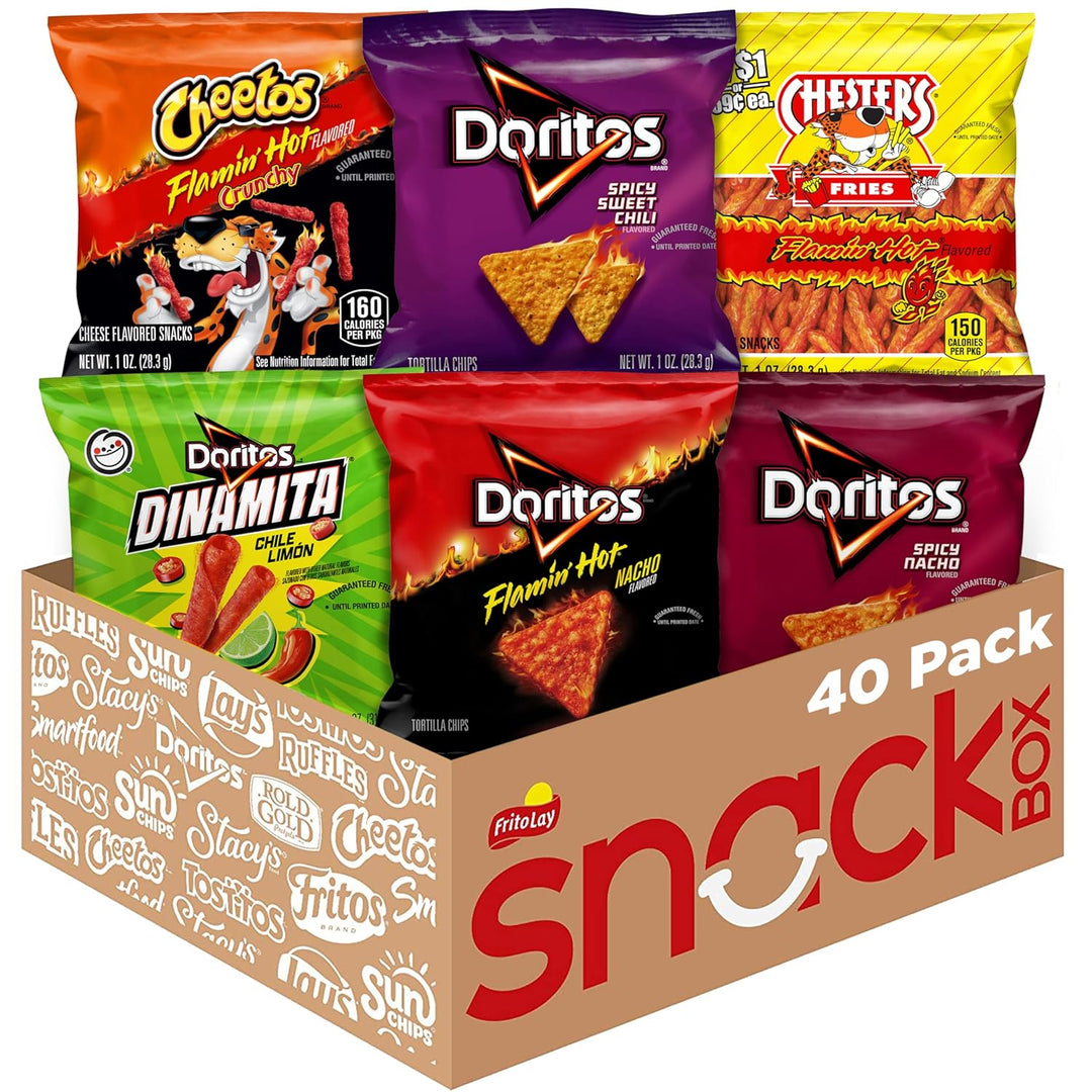 Turn up the heat with the Frito Lay Fiery Mix Variety Pack. This 40-count pack features Flamin’ Hot Cheetos, Doritos Spicy Nacho, Doritos Dinamita Chile Limon, Doritos Spicy Sweet Chili, Doritos Flamin’ Hot Nacho, and Chester’s Hot Fries. Perfect for school lunches, parties, or on-the-go snacking. Individually wrapped for convenience, easy to carry, store, and share. Ideal for spice lovers and bulk snack fans.