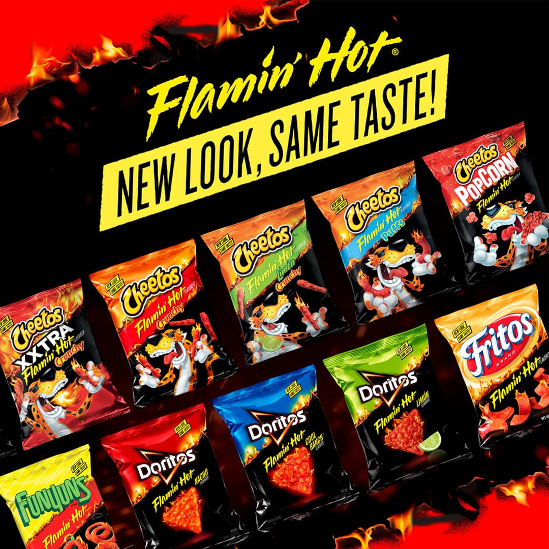 Ignite snack time with the Frito Lay Flamin' Hot Variety Pack. This 40-count pack includes Cheetos Crunchy Flamin’ Hot, Cheetos Puffs Flamin’ Hot, Funyuns Flamin’ Hot, Chester’s Hot Fries, and Doritos Flamin’ Hot Nacho. Perfect for school lunches, after-school snacks, office breaks, or parties. Individually wrapped for convenience, shareable, and full of bold, spicy flavor. Ideal for bulk snack lovers, kids, and party treats.